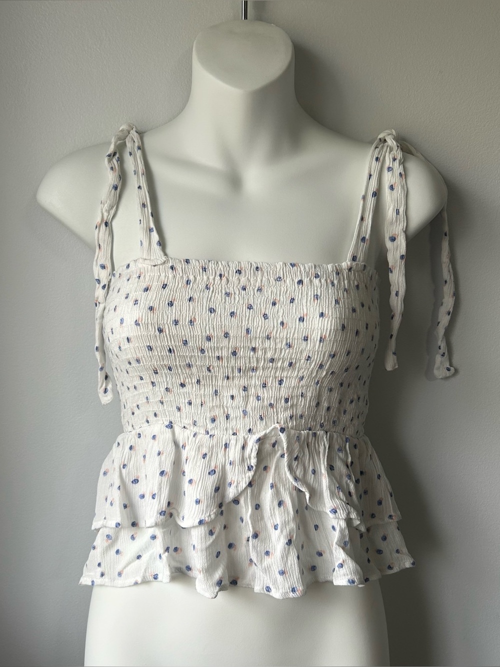 Paper Crane White Smocked Peplum Camisole with Blue Dot Print